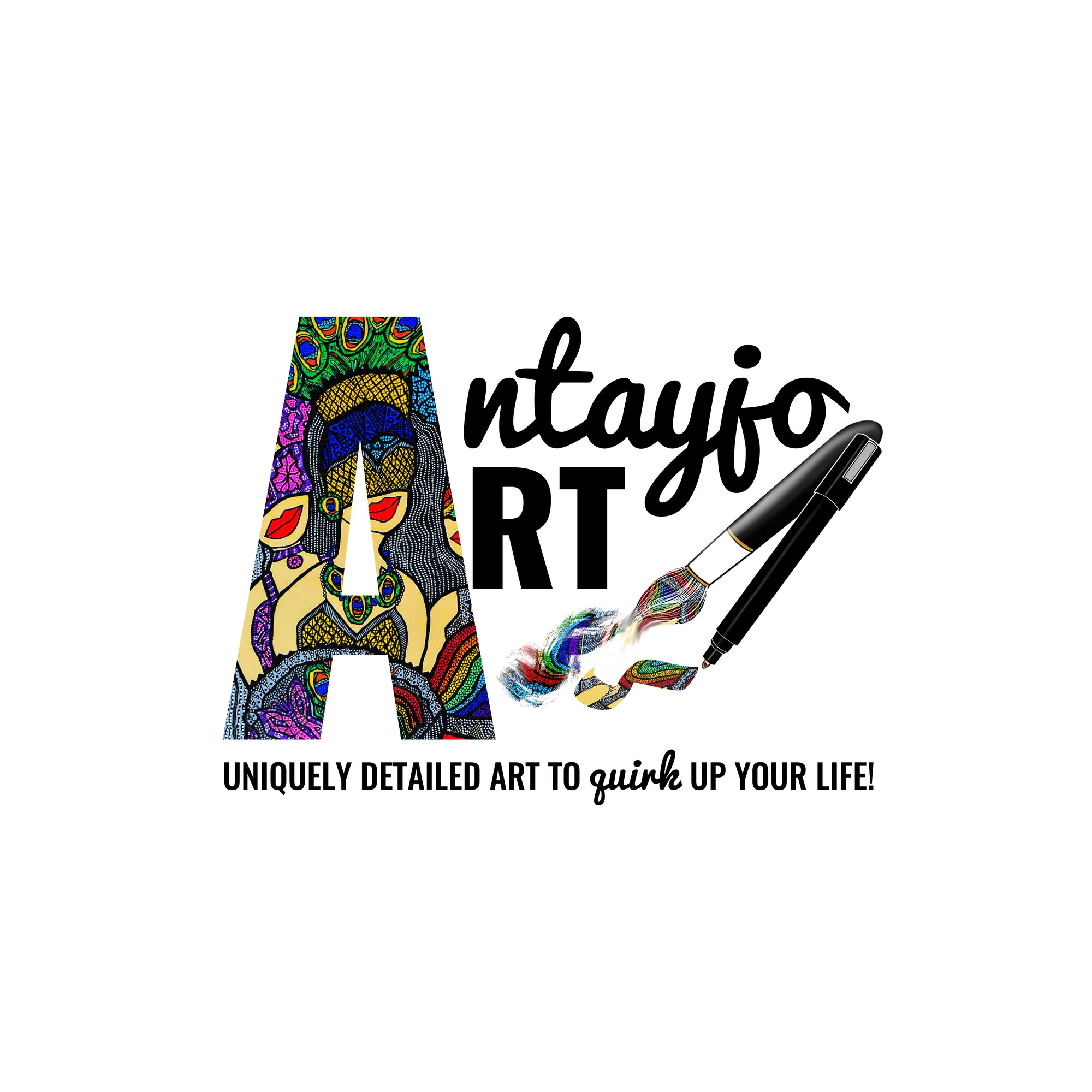 A logo of the business Antayjo Arr featuring a brush and a pen with the words ‘ Uniquely detailed art to quirk up your life’