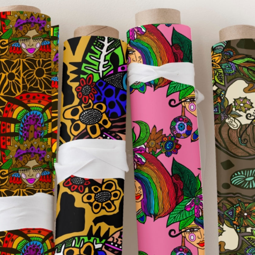 ANTAYJO Art fabric roll mock up featuring colourful  quirky detailed surface pattern designs