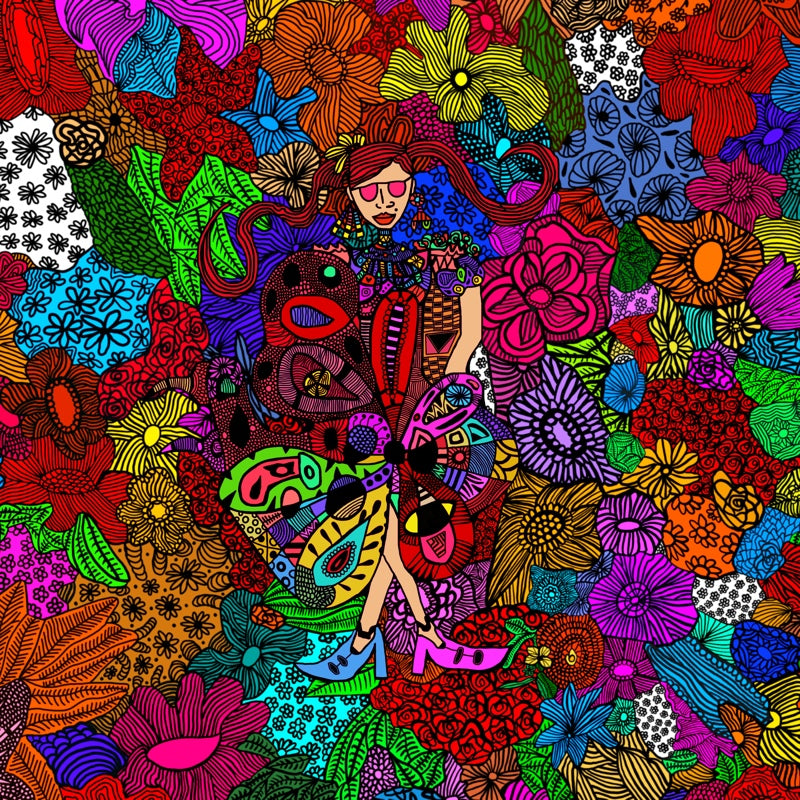 A super, colourful, flowery pattern of a fashion illustration created digitally by Antayjo Art. The design is quirky and detailed of a woman wearing red glasses and a flamboyant outfit.