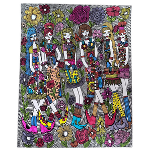 A fashion illustration like drawing of 6 women with lots of flowers by Antayjo Art 