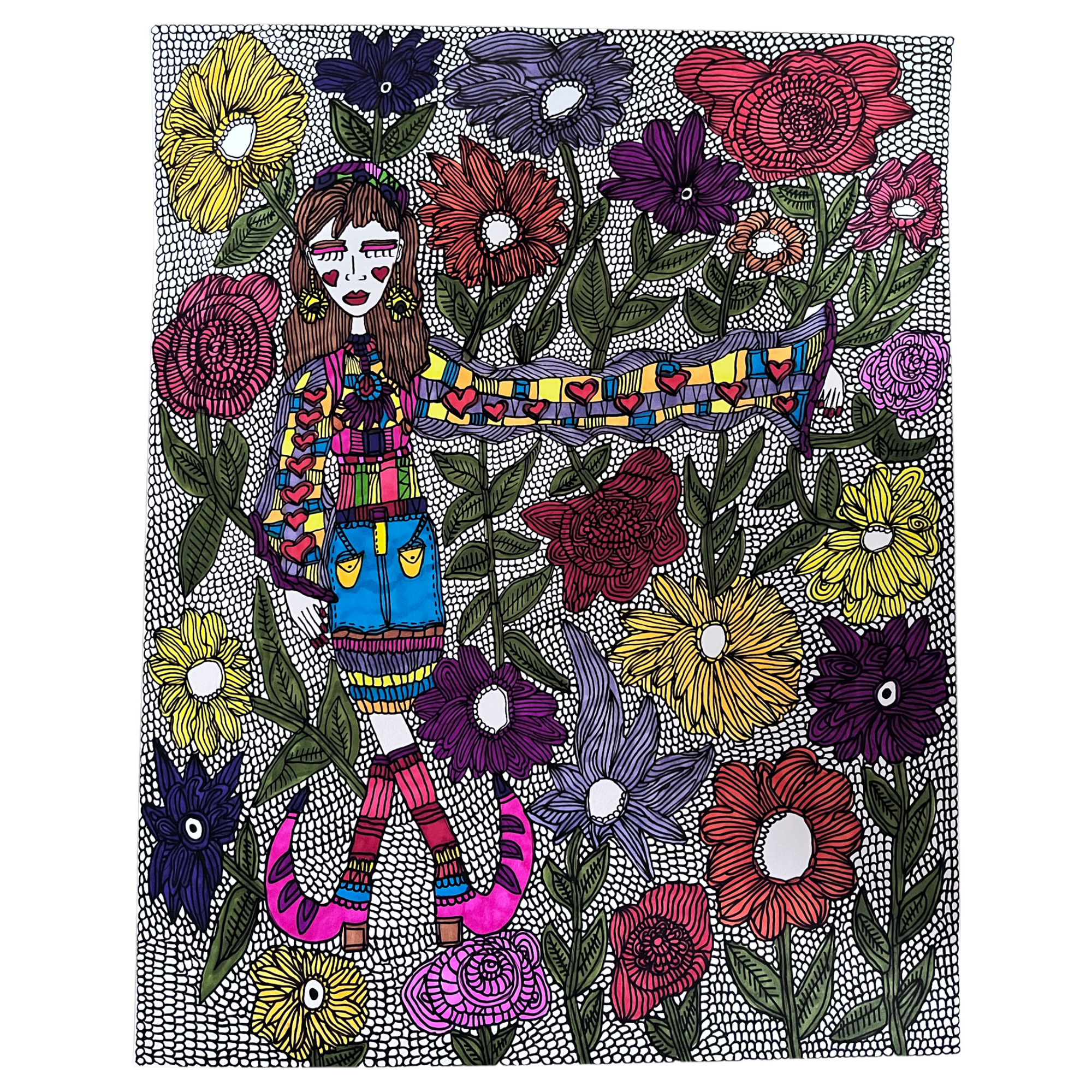 A drawing of a long armed woman amongst flowers by Antayjo Art