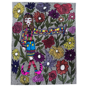 A drawing of a long armed woman amongst flowers by Antayjo Art