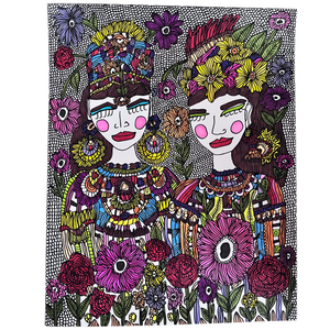 A fashion drawing of two women with head pieces by Antayjo Art 