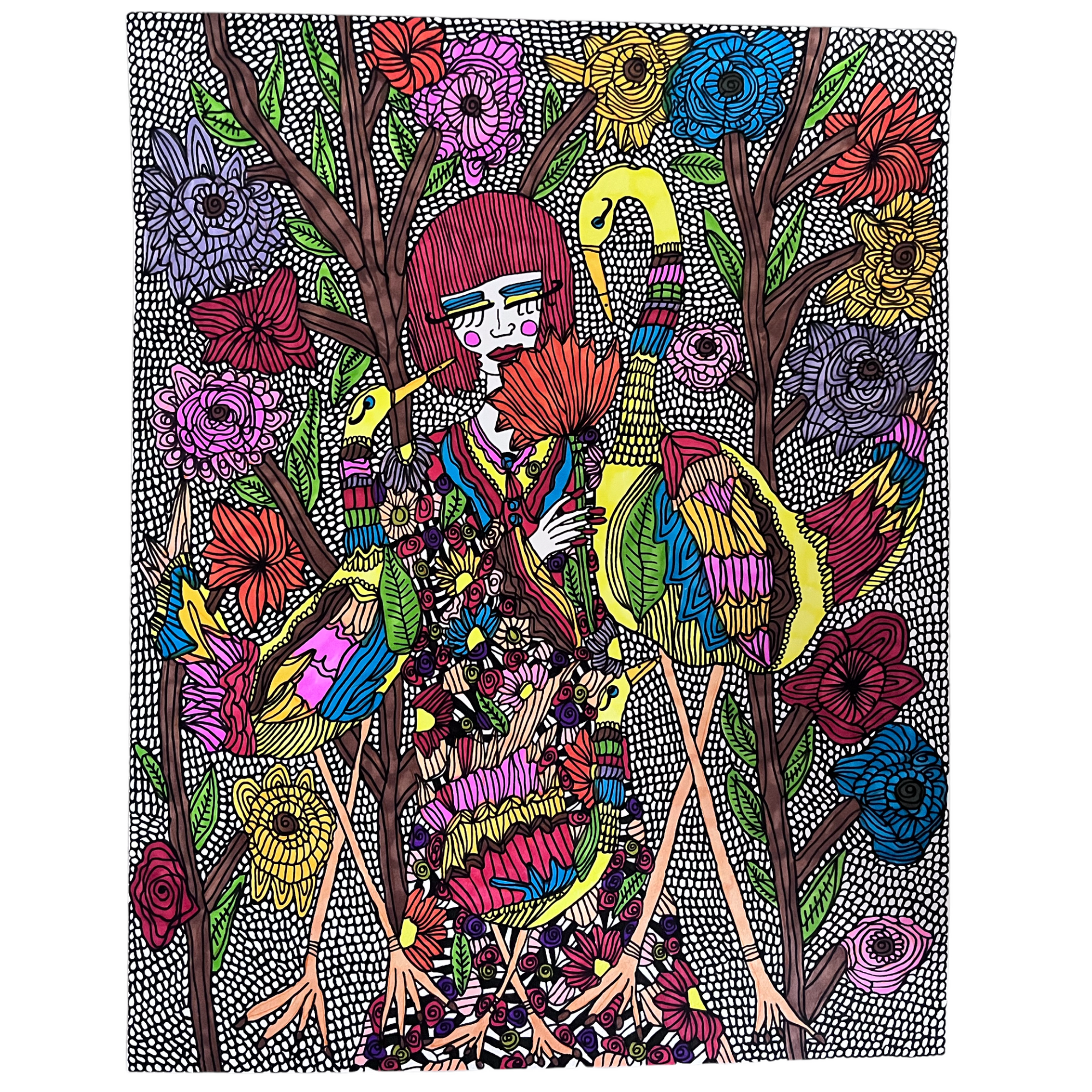 A drawing of a women sitting amongst flowers whilst birds flock to her side by Antayjo Art