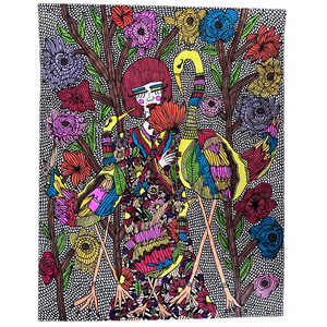 A drawing of a women sitting amongst flowers whilst birds flock to her side by Antayjo Art