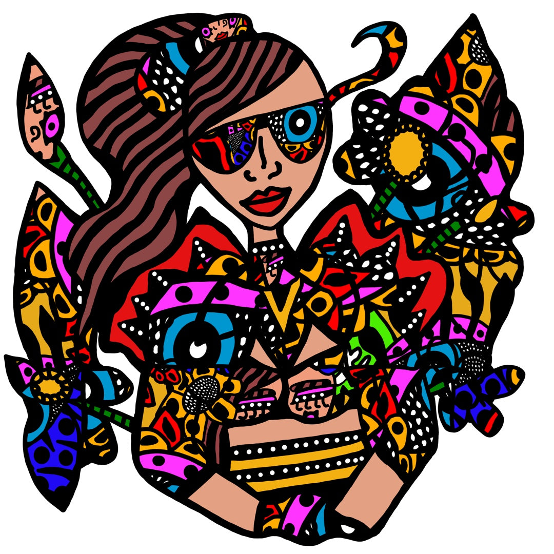 A fashion illustration of a sunglasses wearing lady with a side pony wearing colourful fashions. The artwork was created by Antayjo Art