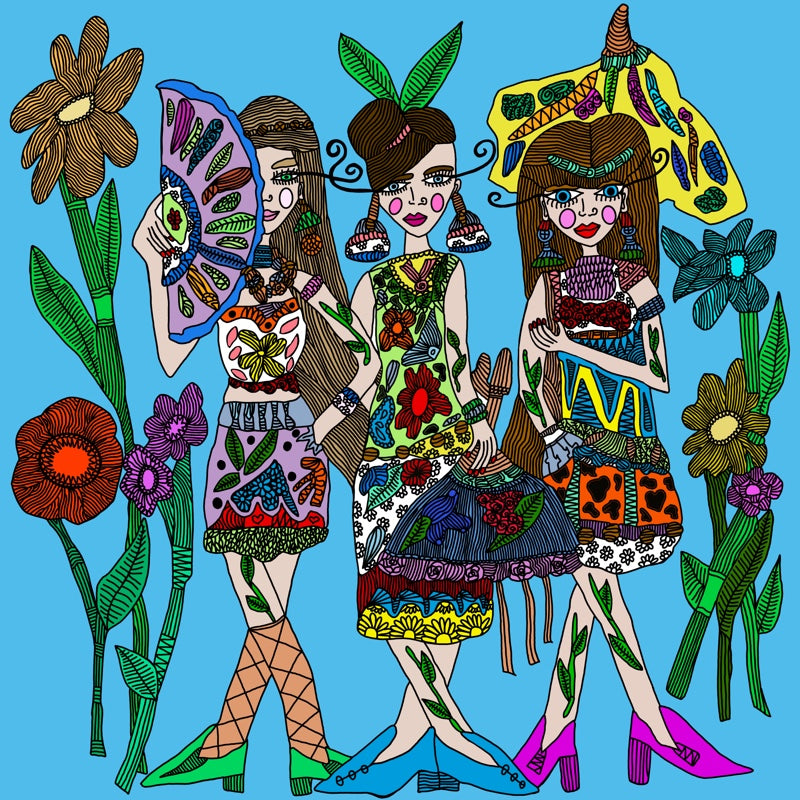 A Quirky, Colourful Fashion illustration type artwork featuring three ladies on a blue background. The ladies hold fans and umbrellas. The work is unique and was created digitally by Antayjo Art