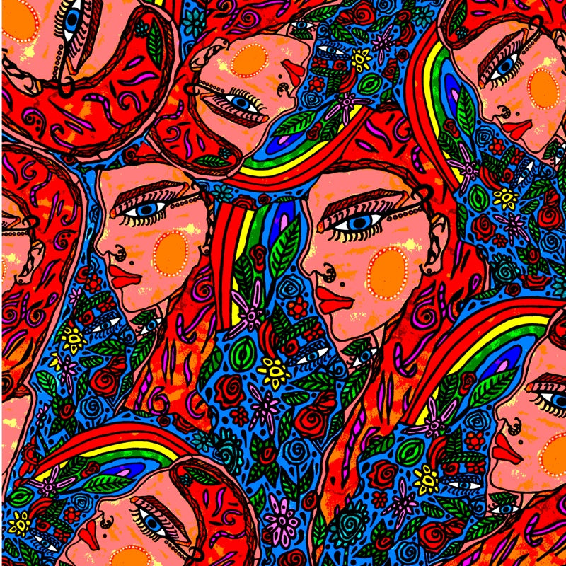A colourful rainbow lady pattern created digitally. The artwork is unique and detailed and is typical of Antayjo Art style.