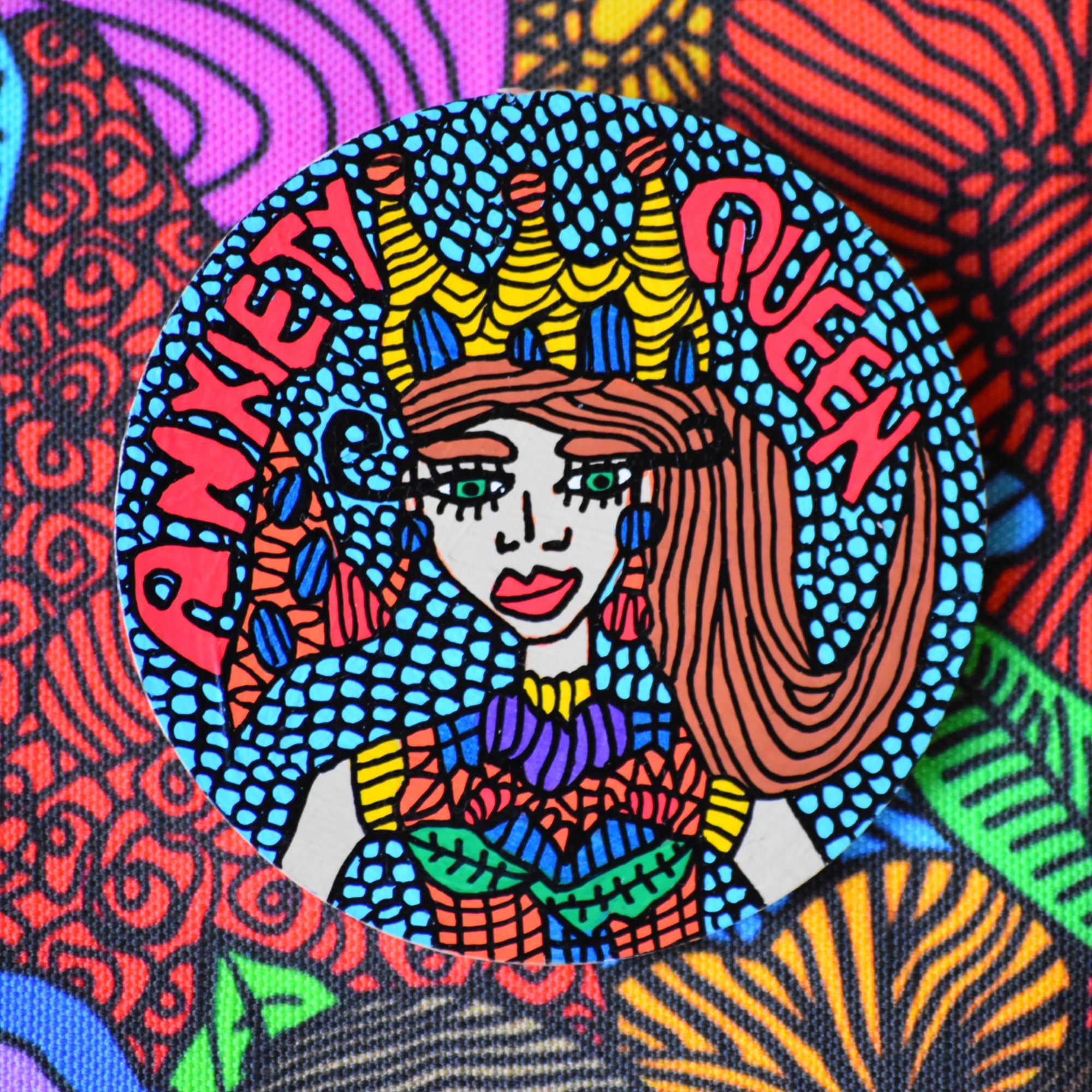 Anxiety Queen hand painted brooch by Antayjo Art